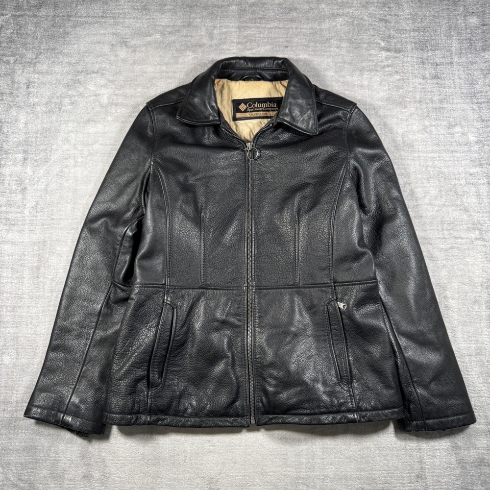 Columbia Jacket Womens Large Black Genuine Leather Full Zip Quilted Lined Biker